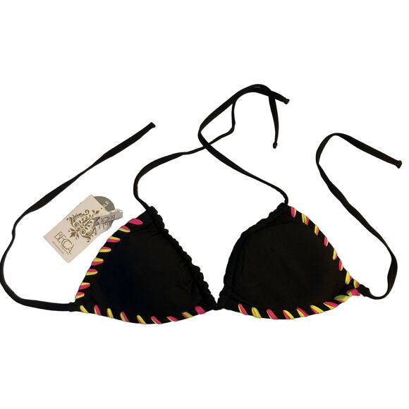 Becca Swim Reversible Triangle Sliding String Halter Bra Sz D Black Multi NWT - Picture 1 of 5